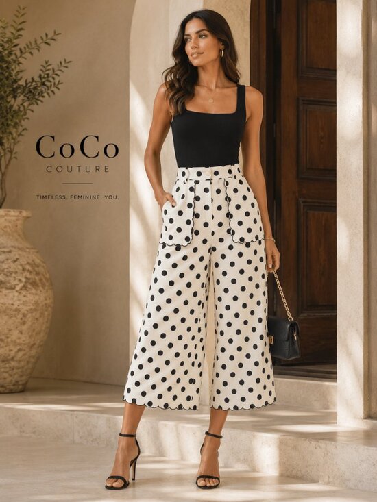 Pants - TAS92398 Cream Capri Scalloped Hem Black Polka Dot Pant